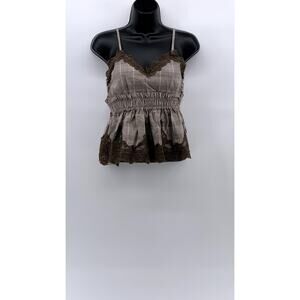 GROOVE Women's Brown Lace-Trim Plaid V-Neck Ruffle Camisole Top SZ S